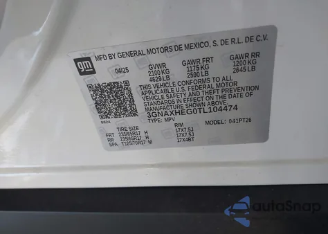 2026 Chevrolet Equinox Fwd Lt из США, поврежденный, VIN 3GNAXHEG0TL104474